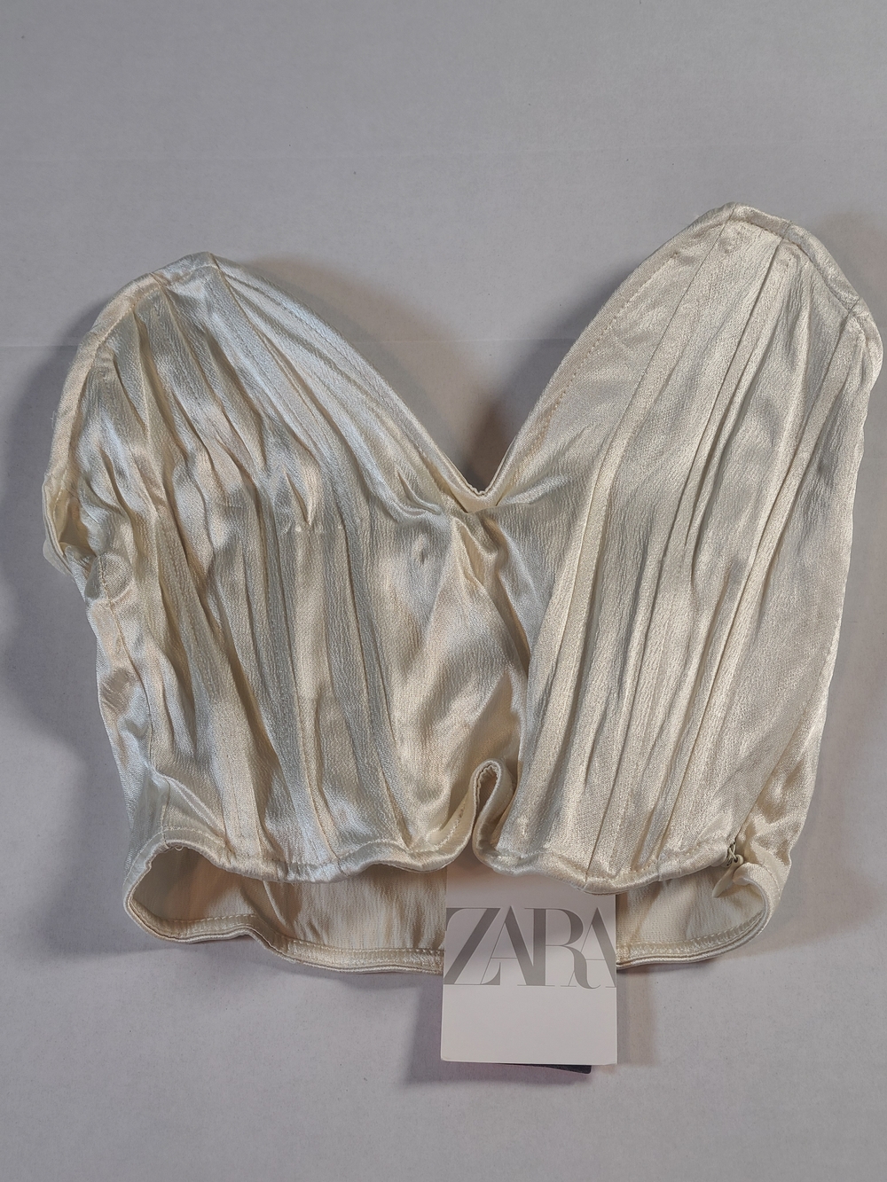 ZARA Cream Satin Effect Pleated Strapless Bustier Top Side Zip Womens Small